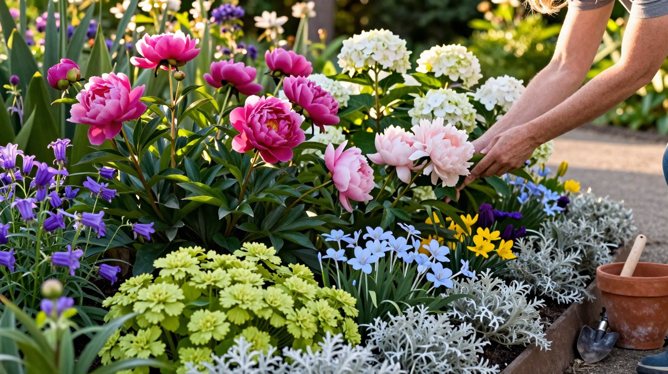 Person pflegt bunte Blumen mit pinken und weissen Pfingstrosen in einem sonnigen Gartenbeet.