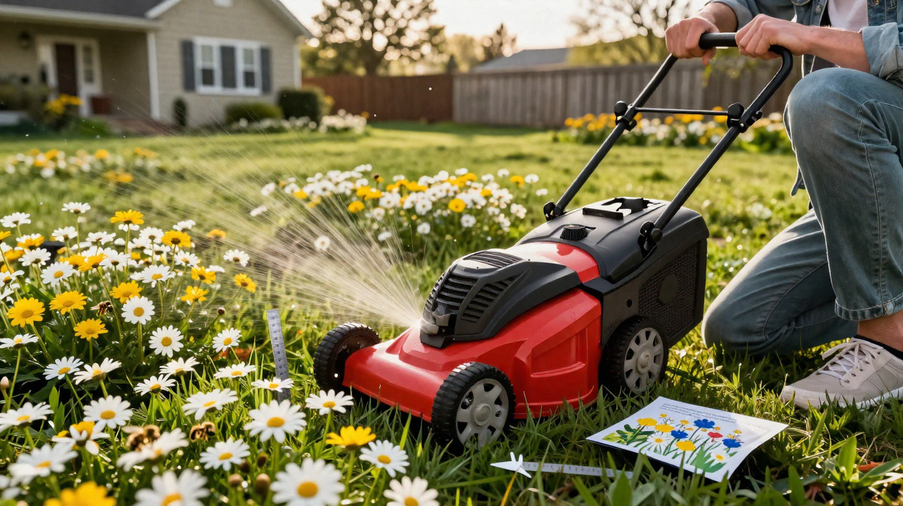 Person kniet neben einem Rasenmäher mit integriertem Sprinkler, der Blumenwiese bewässert.
