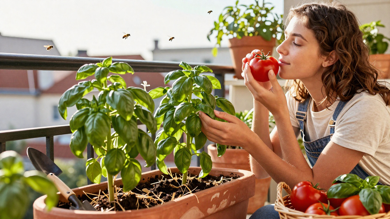Frau riecht an einer grossen Tomate neben Basilikumpflanzen auf einem Balkon im Sonnenlicht.
