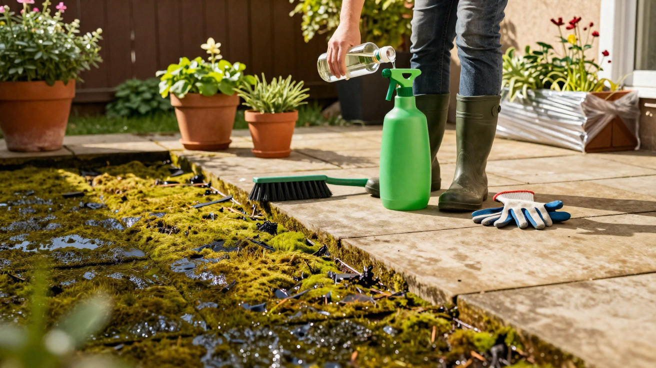 Person giessst Flüssigkeit in eine grüne Sprühflasche neben Moos auf Terrasse mit Gartenhandschuhen und Pflanzen.