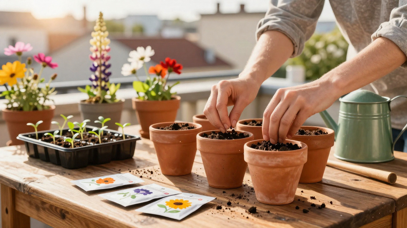 Person pflanzt Samen in Blumentöpfe auf Holztisch mit Blumen und Giesskanne im Hintergrund.