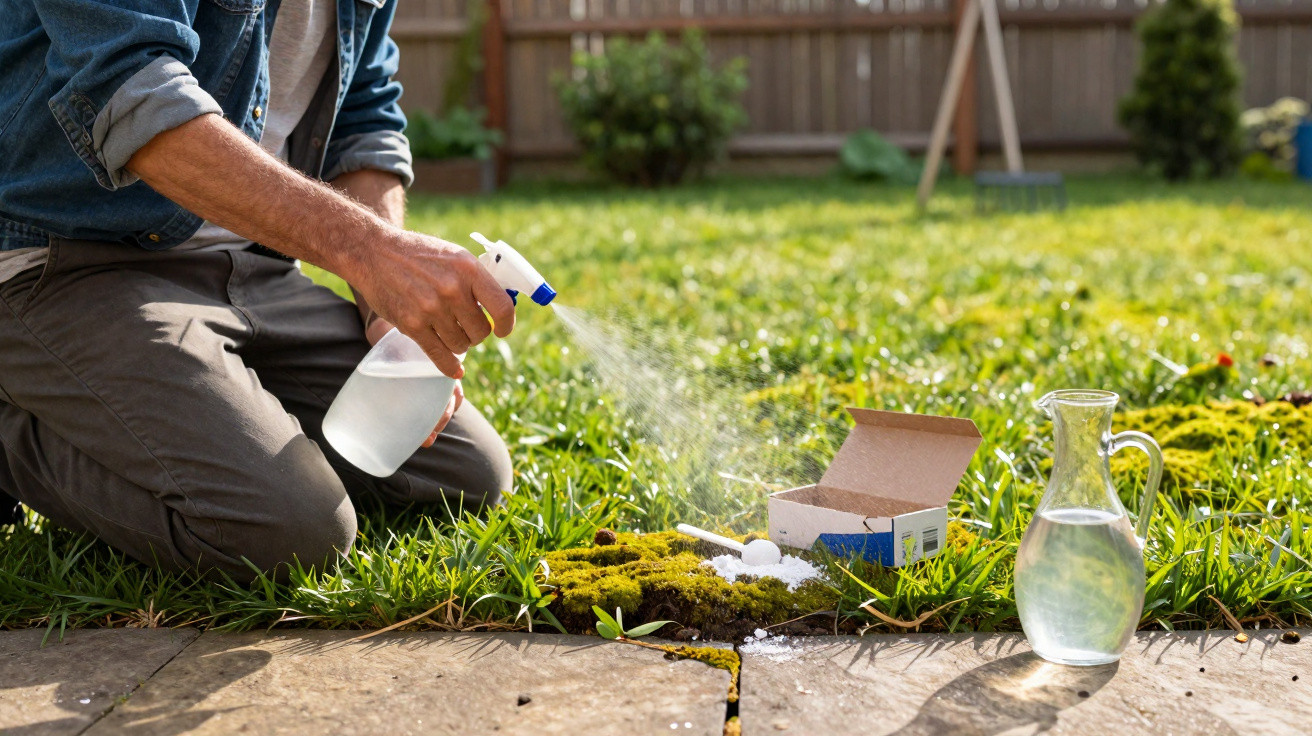 Person sprüht hausgemachtes Moosentfernungsmittel auf Moos zwischen Terrassenplatten im Garten.