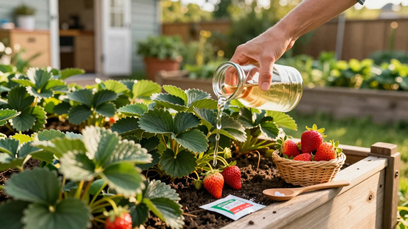 Hand giessst Wasser auf Erdbeerpflanzen in einem Hochbeet mit Körbchen voller Erdbeeren.