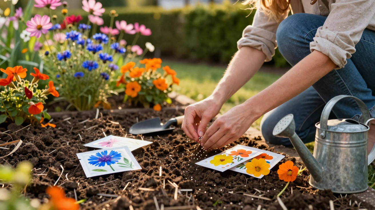 Person säht Blumensamen im Garten, mit Blumen, Gieskanne und Samenpäckchen auf Erde.