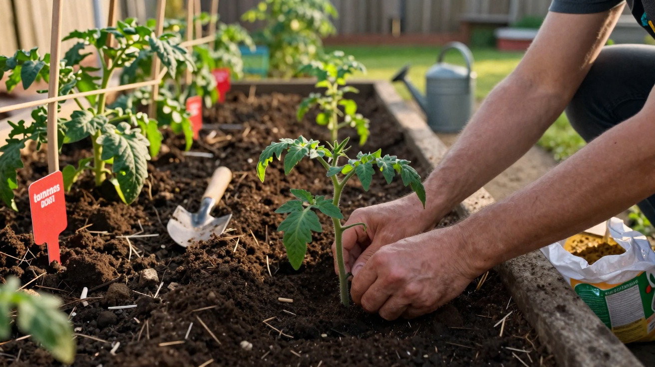 Person pflanzt Tomatenpflanze in ein Hochbeet im Garten bei Sonnenschein.