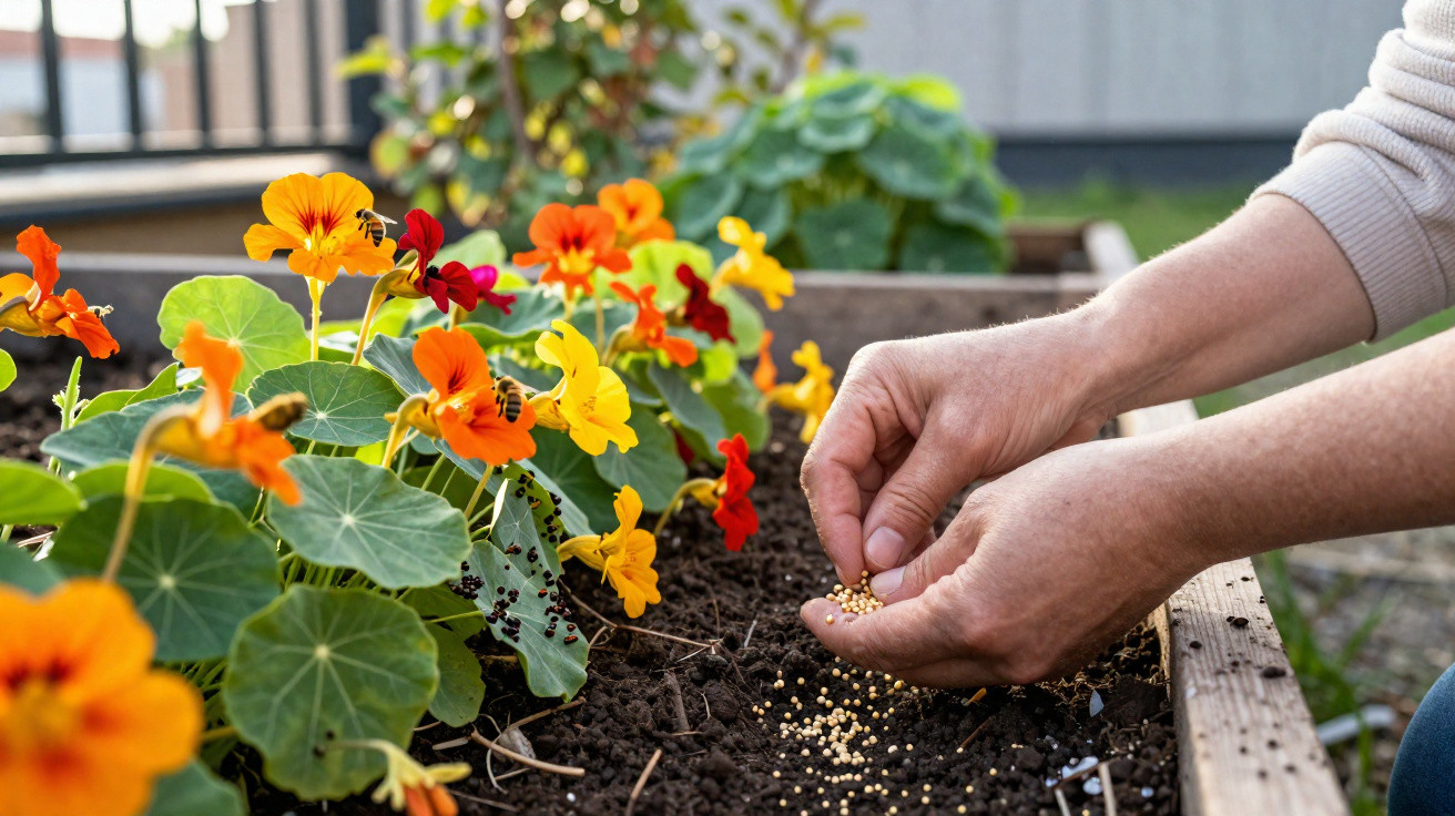 Hände säen Samen in Hochbeet mit bunten Kapuzinerkresse-Blumen und Bienen.