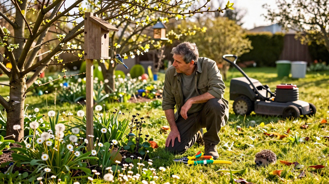 Mann in Garten kniet neben Vogelhaus, umgeben von Frühlingsblumen und einem Igel auf dem Rasen.