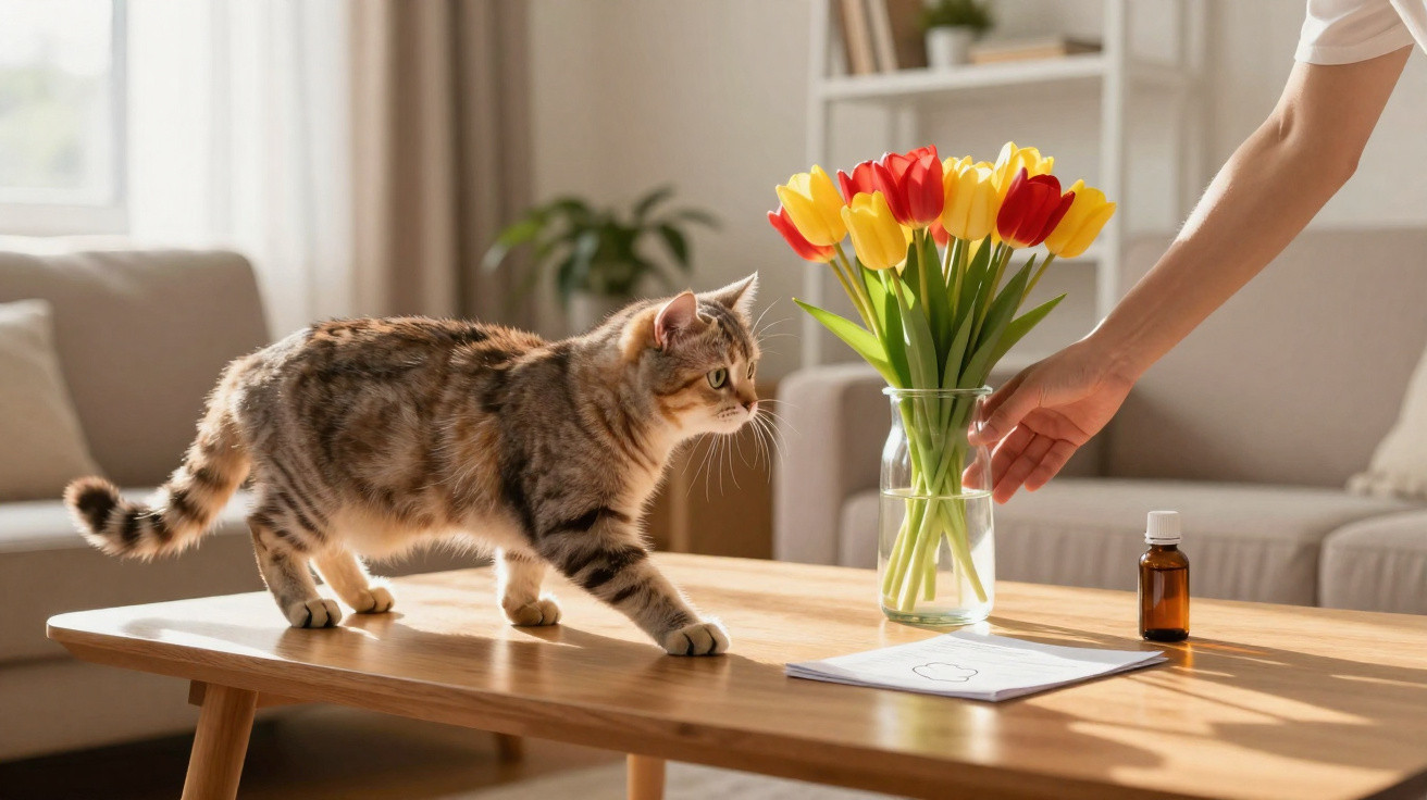 Eine Katze läuft auf einem Holztisch neben einem Glas mit roten und gelben Tulpen und einer Hand.