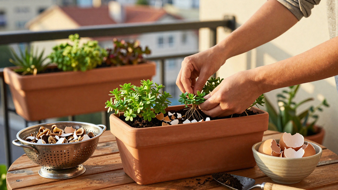Person pflanzt Sukkulenten in Blumentopf mit Eierschalen als Dünger auf Balkon bei Sonnenschein.