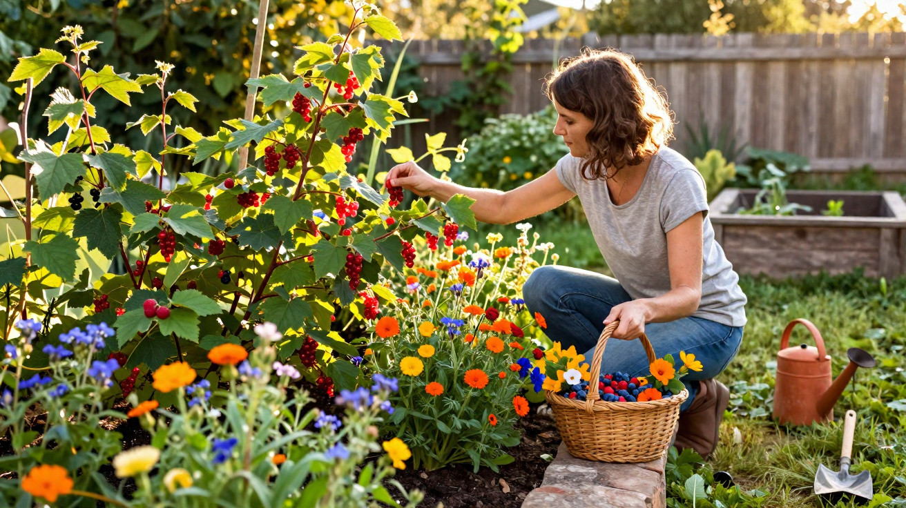 Frau pflückt rote Beeren im sonnigen Garten, umgeben von bunten Blumen und Pflanzen.