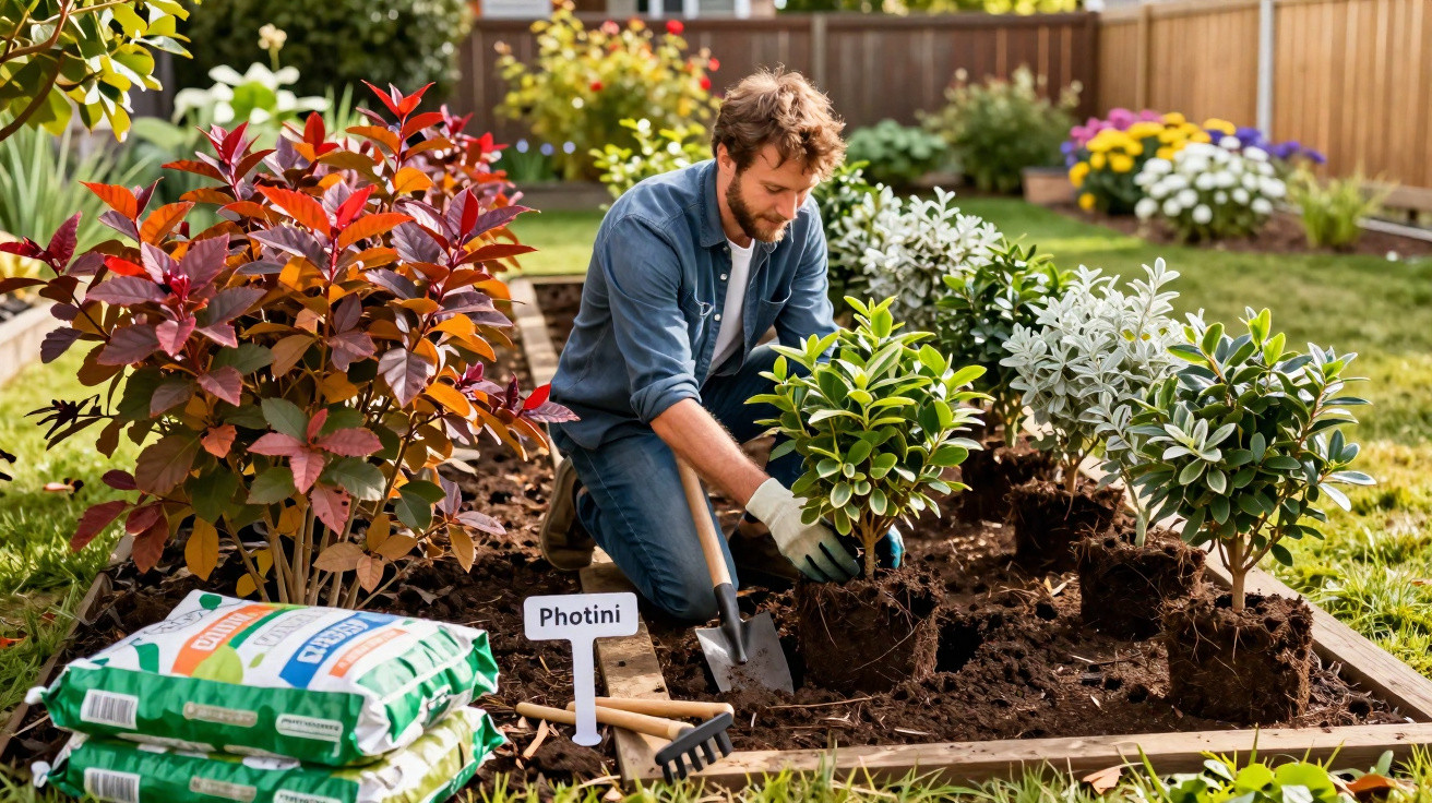 Mann pflanzt Photini-Pflanzen in Hochbeet, umgeben von Garten und Blumen im Hintergrund.