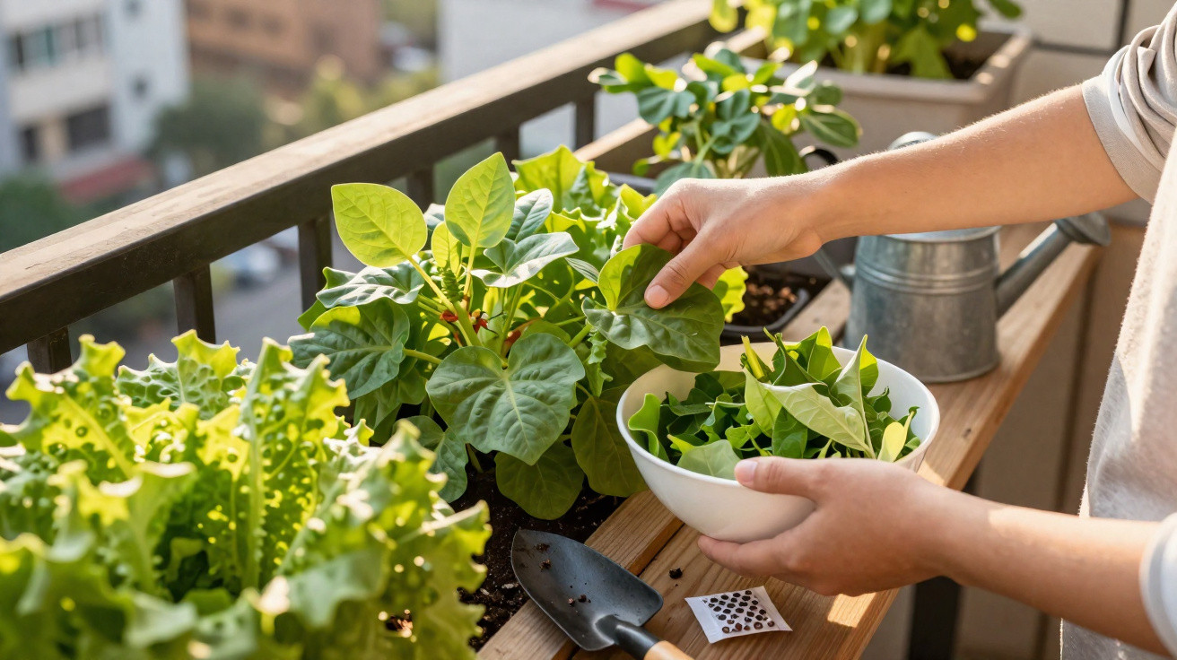 Person erntet frische Salatblätter auf einem Balkongarten mit verschiedenen Pflanzen in Töpfen.
