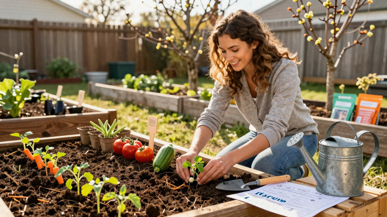 Junge Frau pflanzt Gemüse in Hochbeet im Garten bei sonnigem Wetter, mit Giesskanne und Gartenwerkzeug.