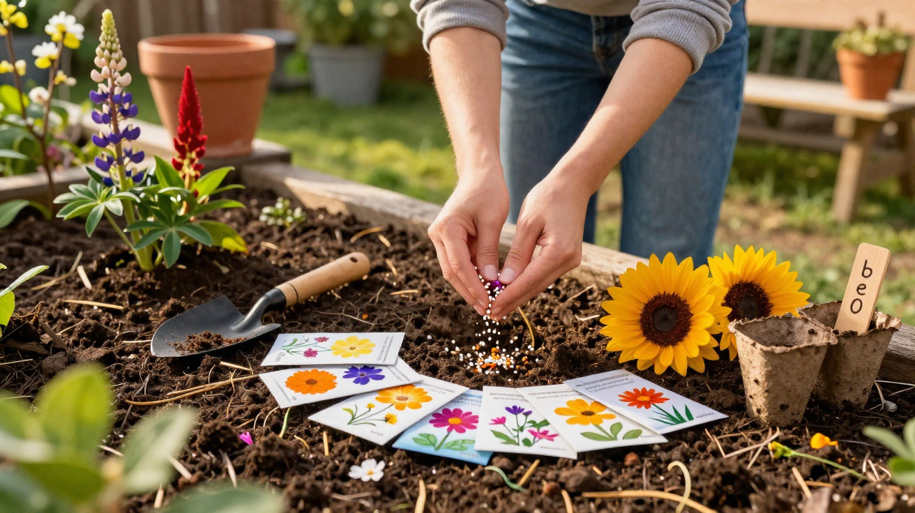 Person sät Blumensamen in ein Hochbeet, umgeben von Blumeensamenpaketen und Sonnenblumen.