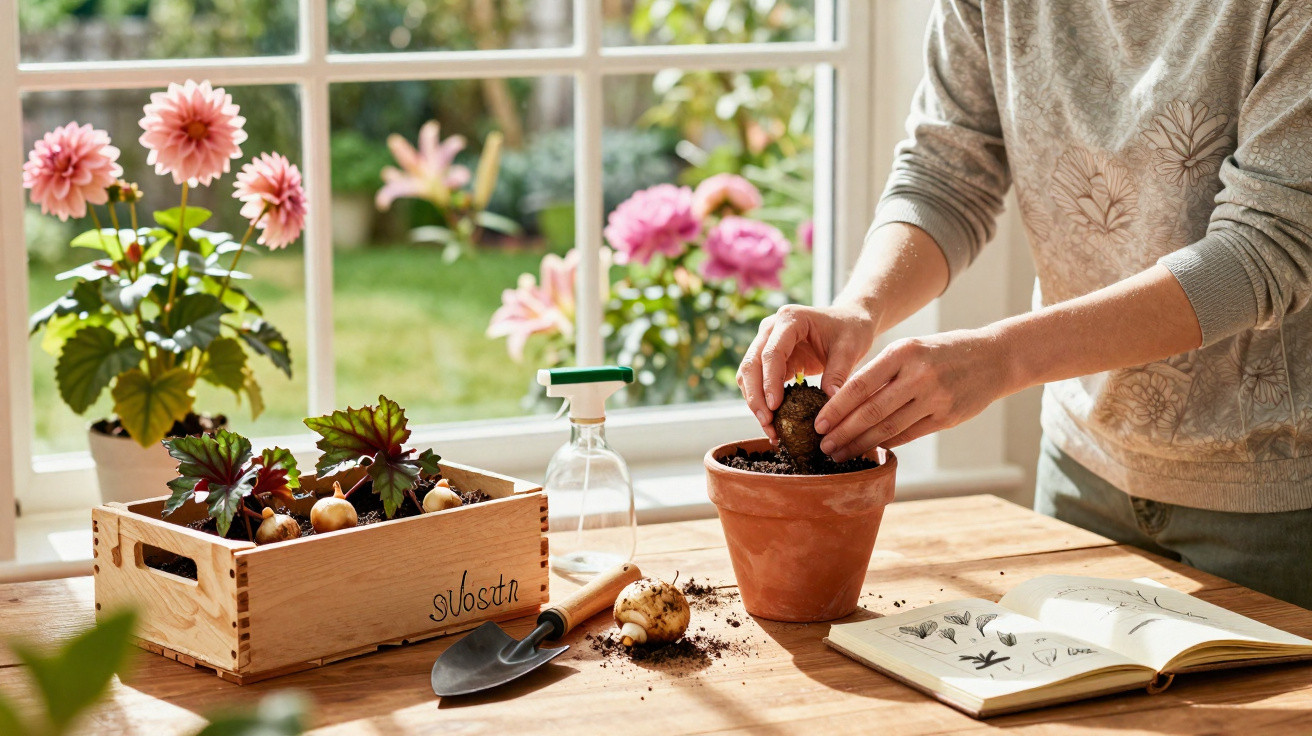 Person pflanzt Blumenzwiebeln in Blumentopf auf sonnigem Tisch neben Gartenbuch und Giesflasche.