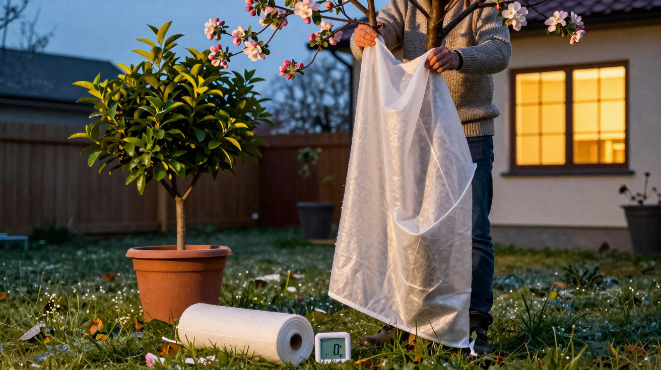 Person schützt blühenden Baum im Garten bei Dämmerung mit einer dünnen Frostschutzfolie.