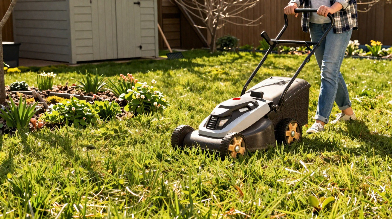 Person mäht mit elektrischem Rasenmäher grünen Rasen in einem sonnigen Garten.