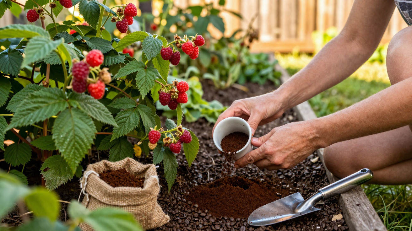 Person streut Kaffeesatz als Dünger auf den Boden neben Himbeersträuchern im Gartenbeet.