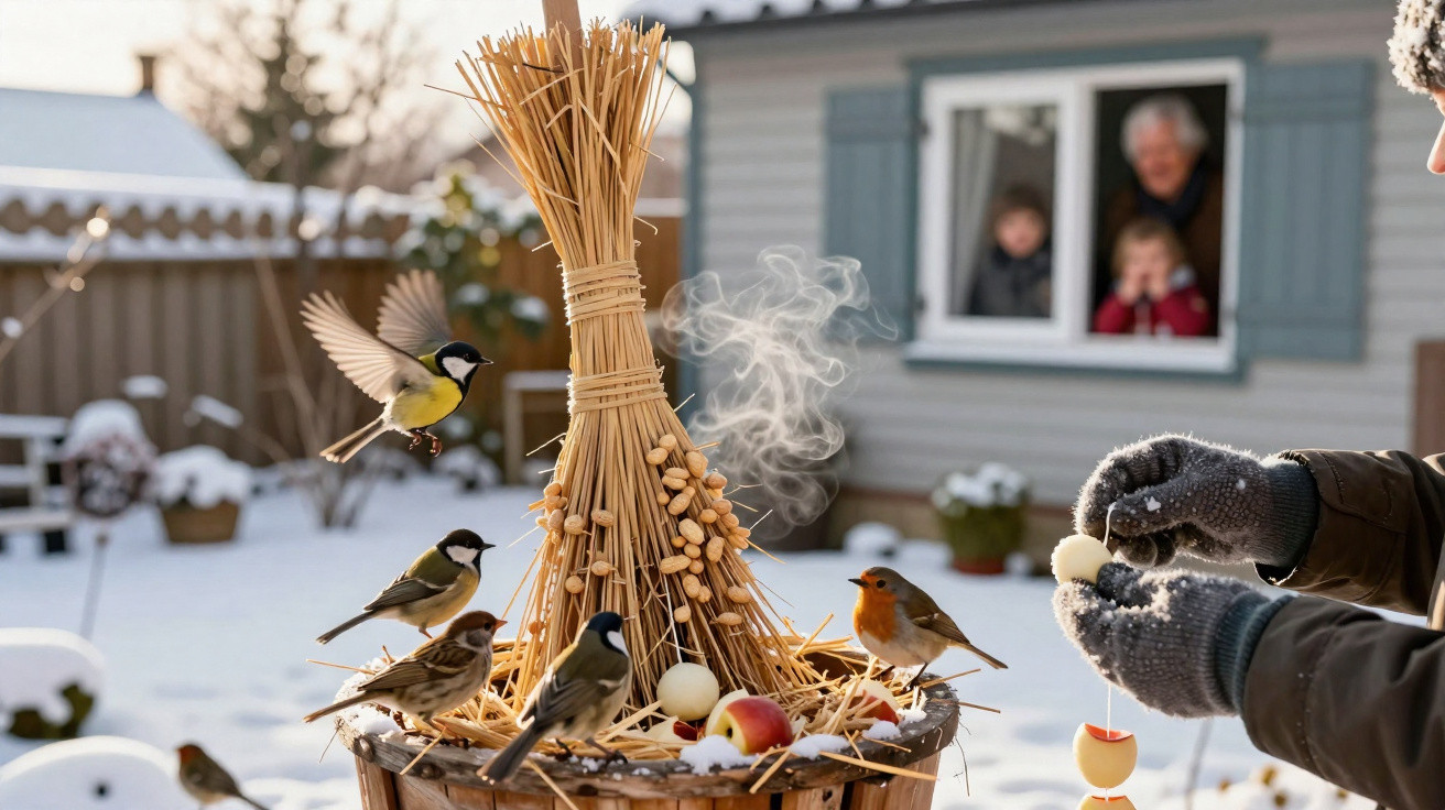 Vogelfütterung im Winter mit verschiedenen Vögeln und Äpfeln vor einem schneebedeckten Haus.
