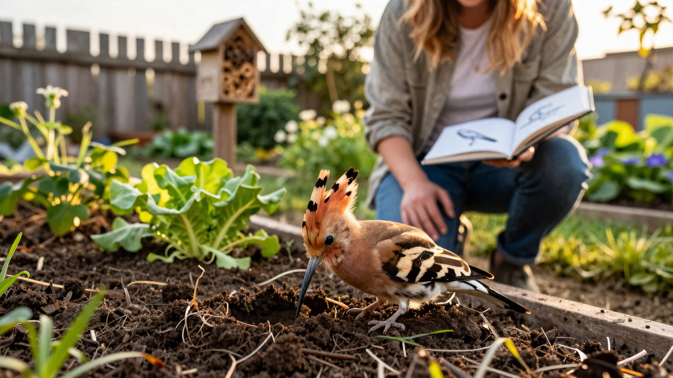 Ein Wiedehopf pickt im Gartenboden, während eine Person mit einem Vogelführer im Hintergrund sitzt.