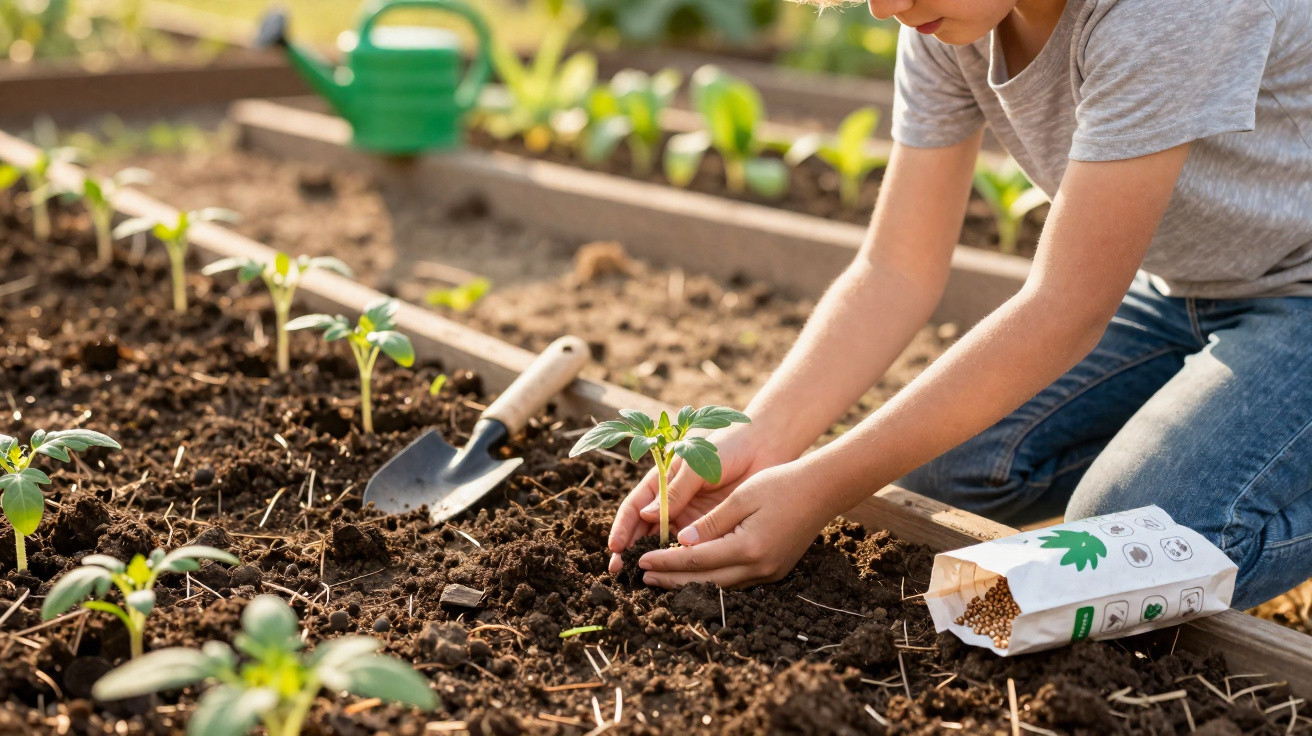 Kind pflanzt Setzling in Hochbeet, neben Gartenschaufel und Samentüte, sonniger Garten im Hintergrund.