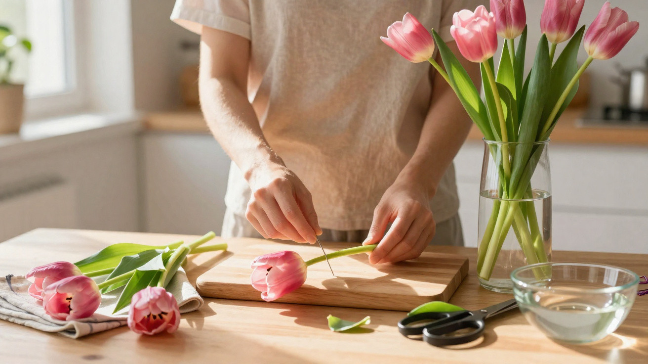 Person schneidet Tulpenstiele auf einem Holztisch neben einer Vase mit pinken Tulpen und einer Schere.