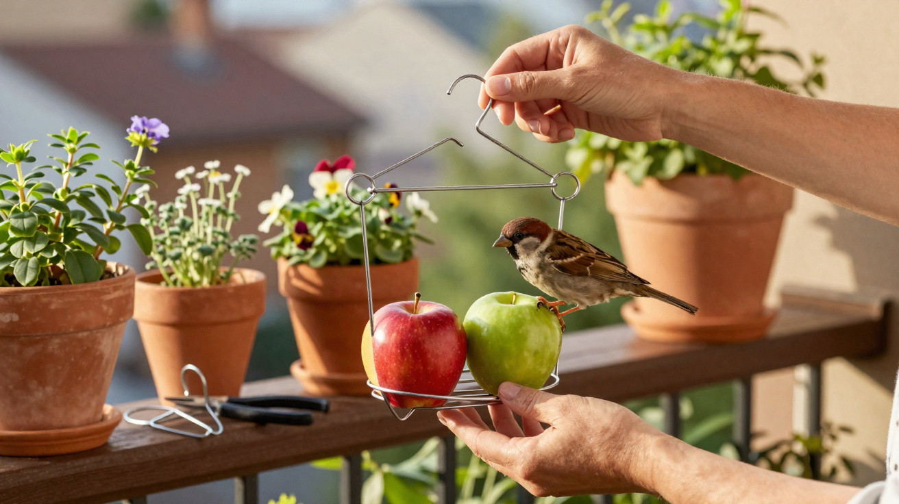 Hand hält Vogelhäuschen mit zwei Äpfeln, Spatz sitzt auf grünem Apfel, Blumen in Tontöpfen im Hintergrund.