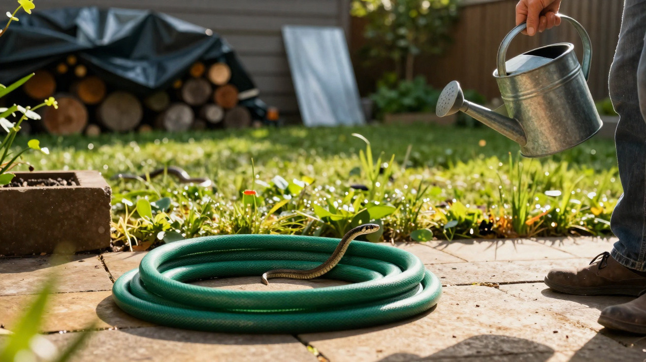 Eine Schlange schlängelt sich aus einem grünen Gartenschlauch, während eine Person mit einer Giesskanne daneben steht.