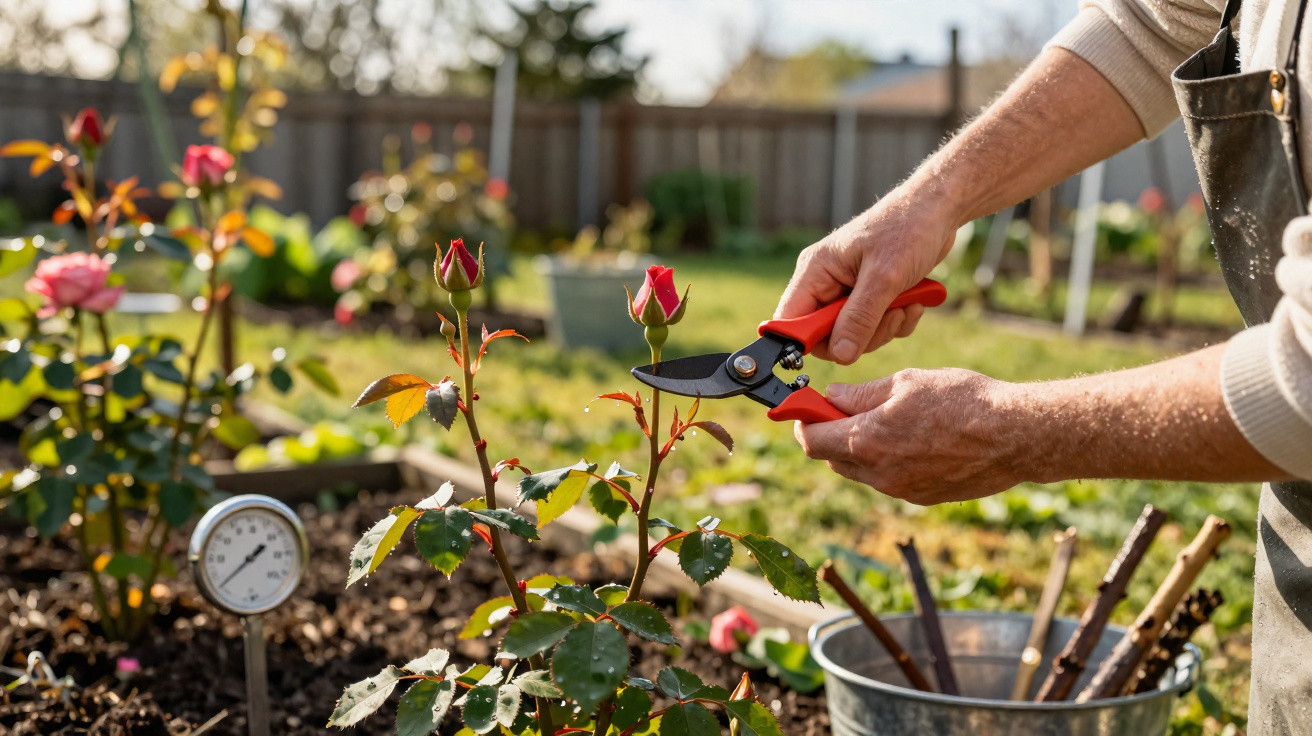 Person schneidet in einem Garten mit Gartenschere junge Rosenknospen zurück.