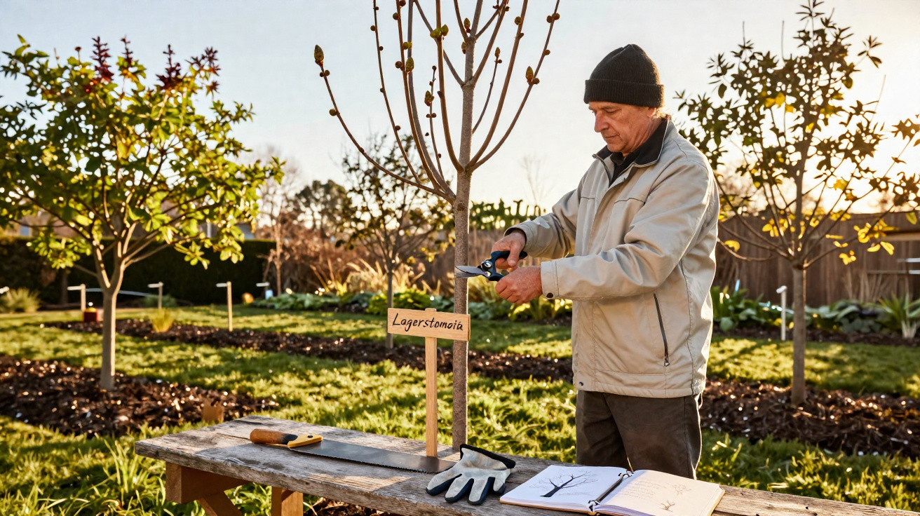 Mann schneidet junge Lagerstomate im Garten, Werkzeug und Notizbuch auf Holztisch im Vordergrund.
