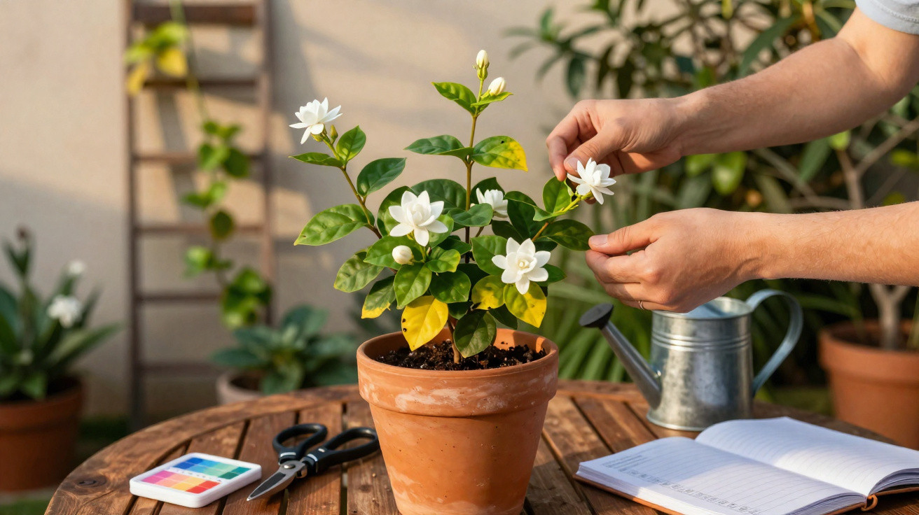 Eine Person pflegt weisse Blumen in einem Tontopf auf einem Holztisch mit Gartengeräten.