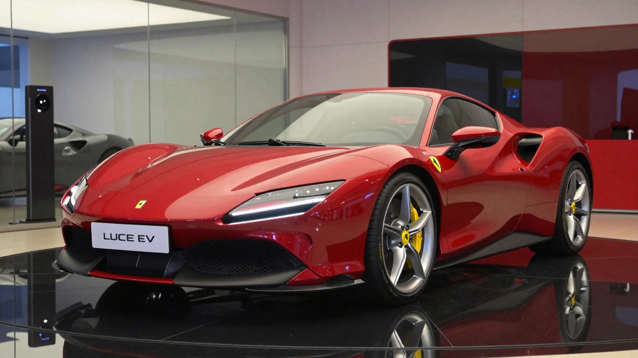 Roter Ferrari-Sportwagen LUCE EV in einem modernen Ausstellungsraum auf glänzendem Boden.