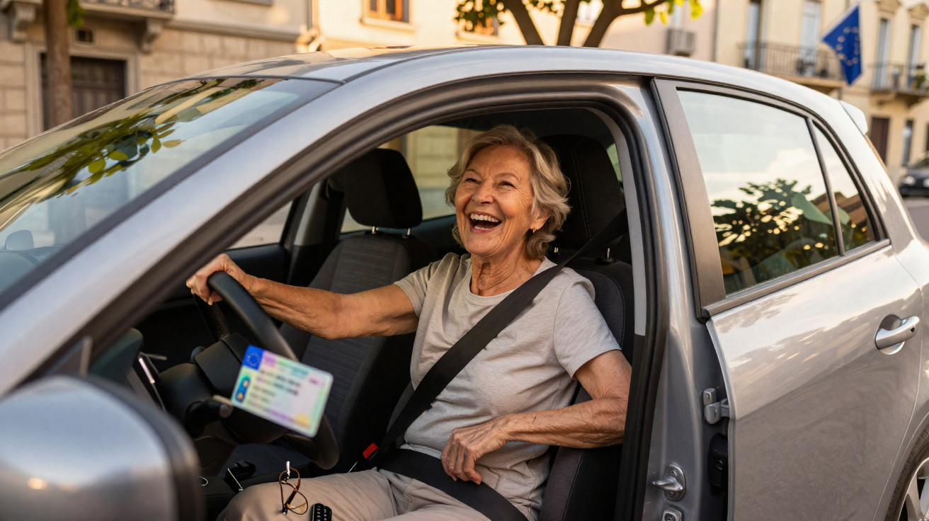 Ältere Frau mit grauen Haaren sitzt lachend am Steuer eines grauen Autos, angeschnallt und bereit zum Fahren.
