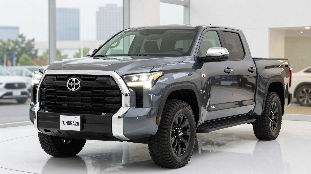 Grau-schwarzer Toyota Tundra Pick-up Truck mit auffälligem Kühlergrill in einem Autohaus.