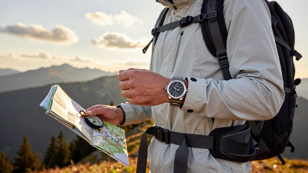 Person mit Kompass und Karte beim Wandern in den Bergen bei Sonnenuntergang.