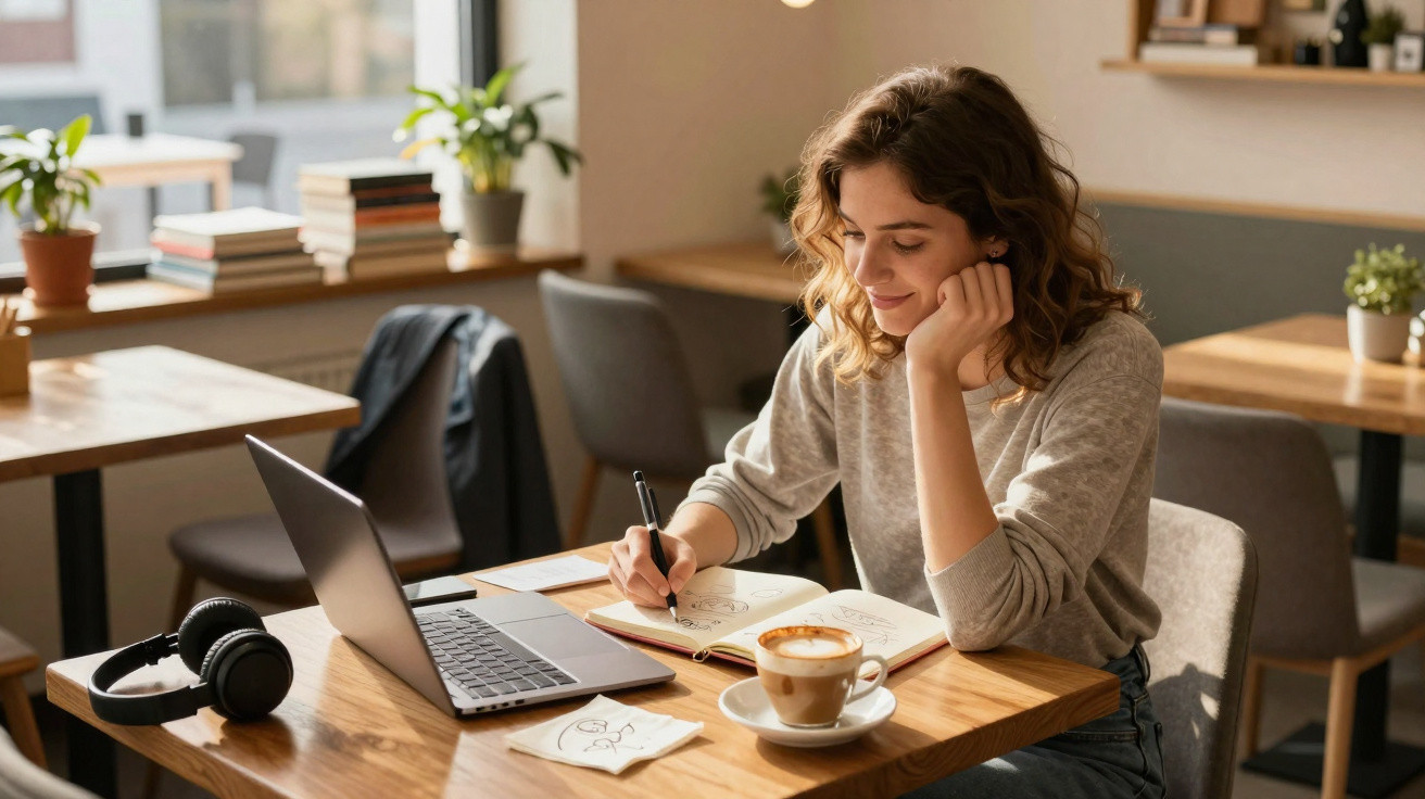 Junge Frau sitzt in Café, schreibt in Notizbuch, neben ihr Laptop, Kopfhörer und ein Cappuccino.