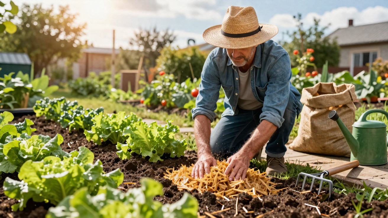 Mann mit Strohhut verteilt Mulch auf Gemüsebeet in sonnigem Garten mit Gieskanne und Gartengeräten.