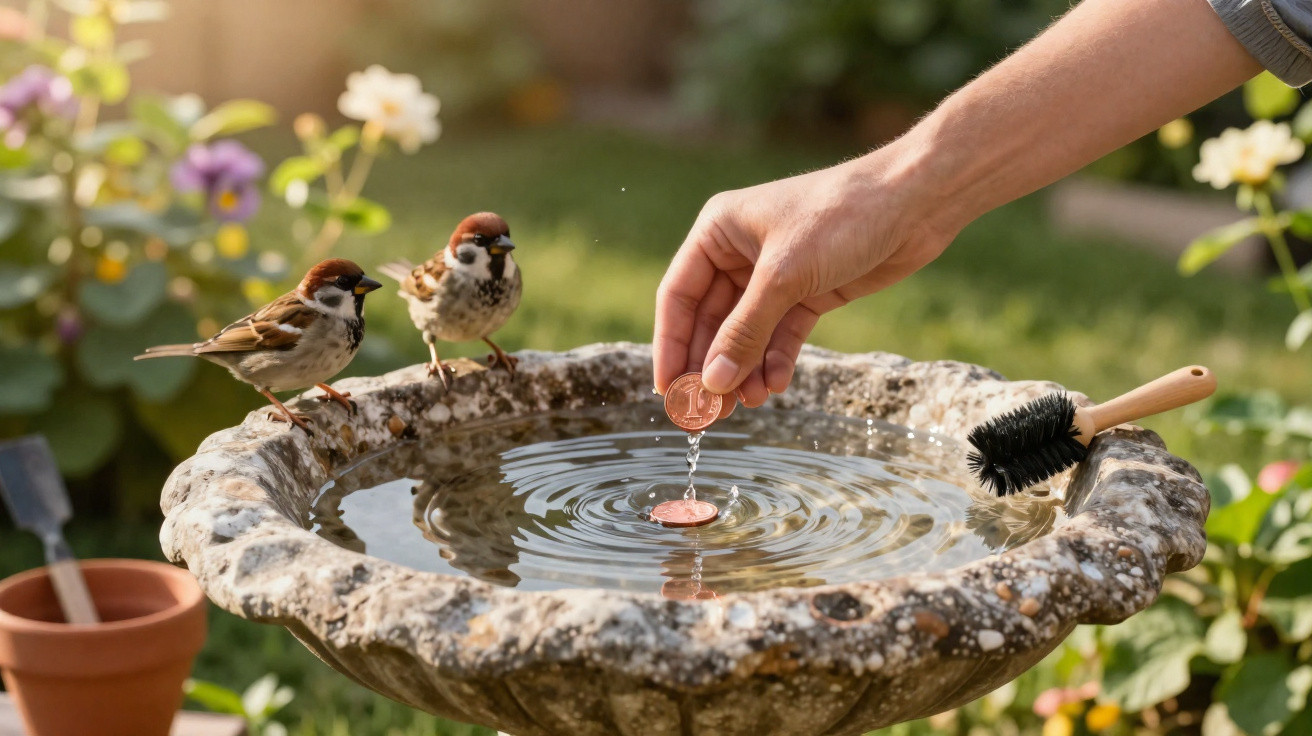 Hand legt Münze ins Vogelbad, zwei Spatzen sitzen am Rand, Garten mit Blumen im Hintergrund.