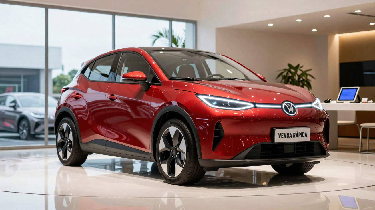 Rotes Elektroauto Volkswagen ID.4 in modernem Showroom mit hellem Boden und grossem Fenster im Hintergrund.