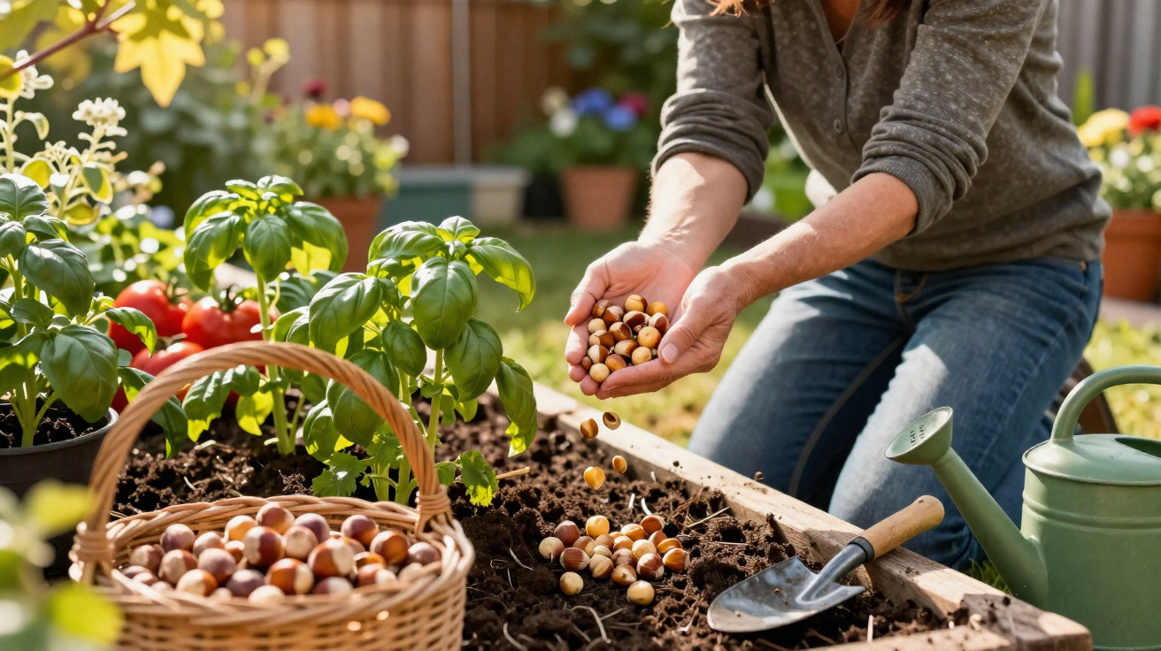 Person pflanzt Haselnusssamen in Hochbeet im Garten, neben Giesskanne und Gartenschaufel.