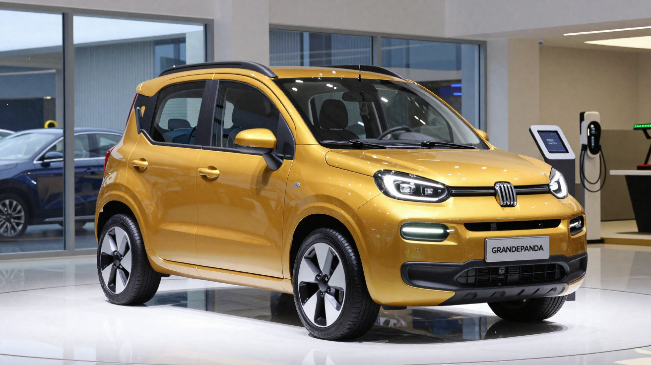 Gelber Fiat Grande Panda Kleinwagen in Ausstellungshalle mit elektrischer Ladestation im Hintergrund.