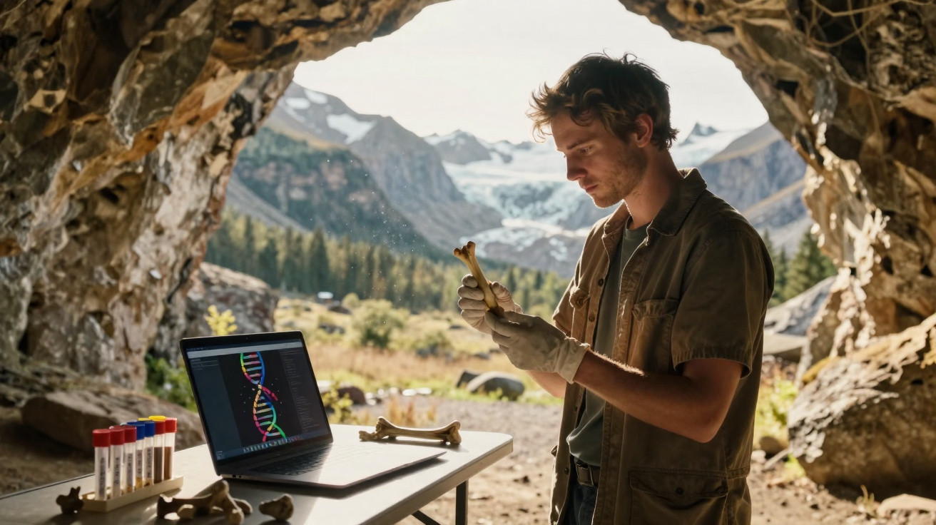 Ein Mann untersucht Knochen in einer Höhle mit Laptop und DNA-Diagramm vor Berglandschaft.