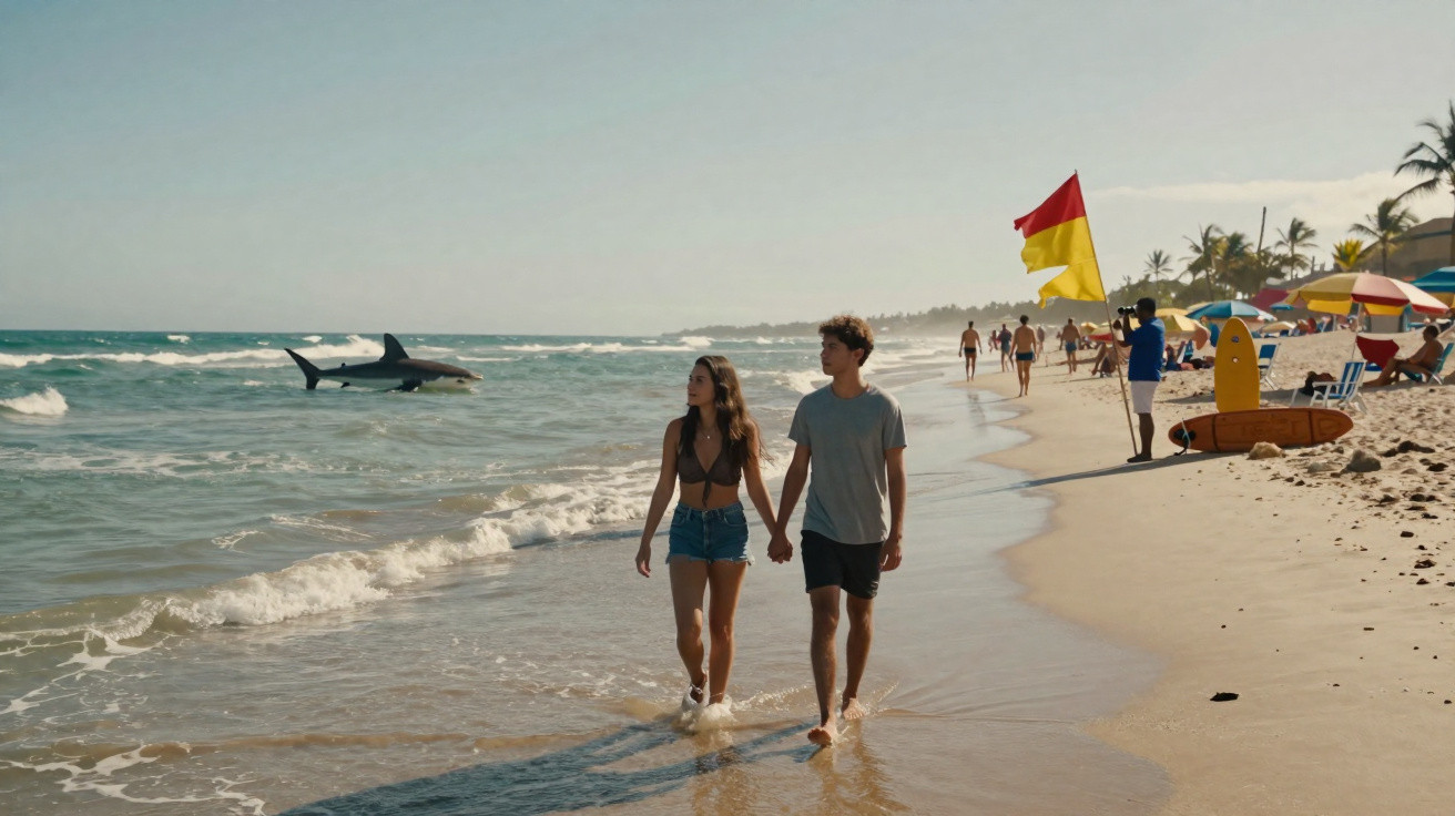 Paar hält Händchen am Strand, Haifisch schwimmt nah am Ufer, andere Personen und bunte Sonnenschirme am Strand.