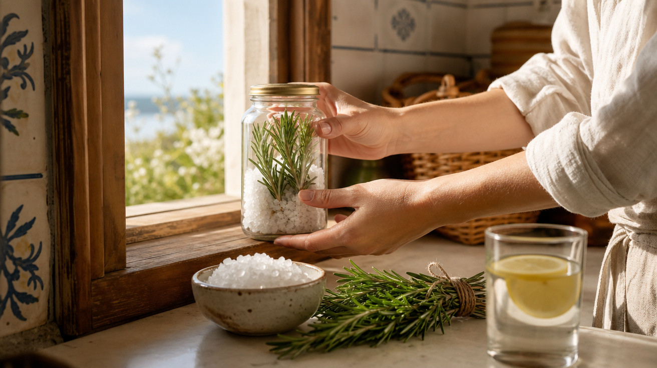 Frau stellt Glas mit grobem Salz und Rosmarin auf Fensterbrett, frische Kräuter und Zitronenwasser daneben.