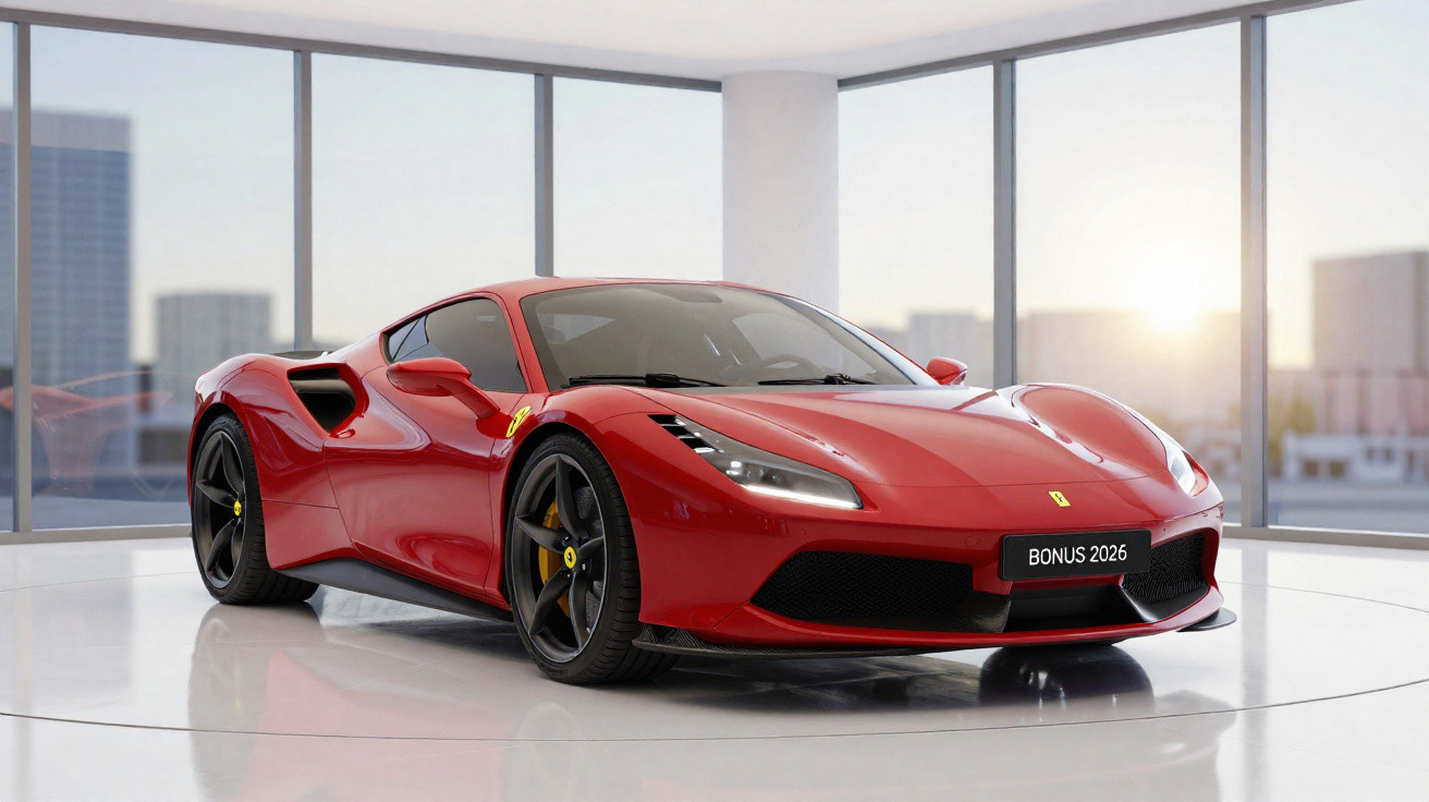Roter Ferrari-Sportwagen in modernem Showroom mit grossen Fenstern und Sonnenlicht im Hintergrund
