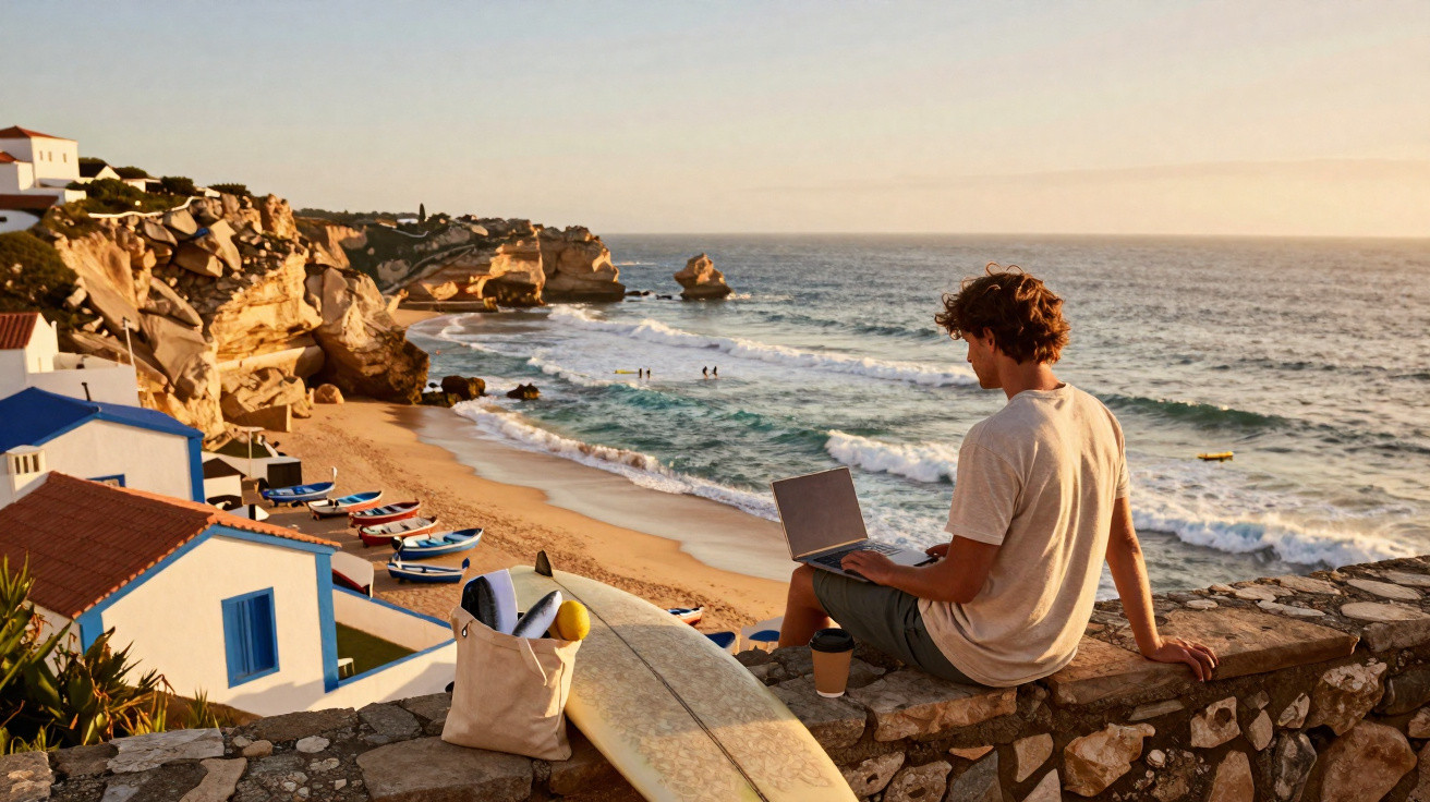 Mann sitzt mit Laptop auf Mauer, Blick auf Strand mit Felsen, Surfbrettern und Meer bei Sonnenuntergang.