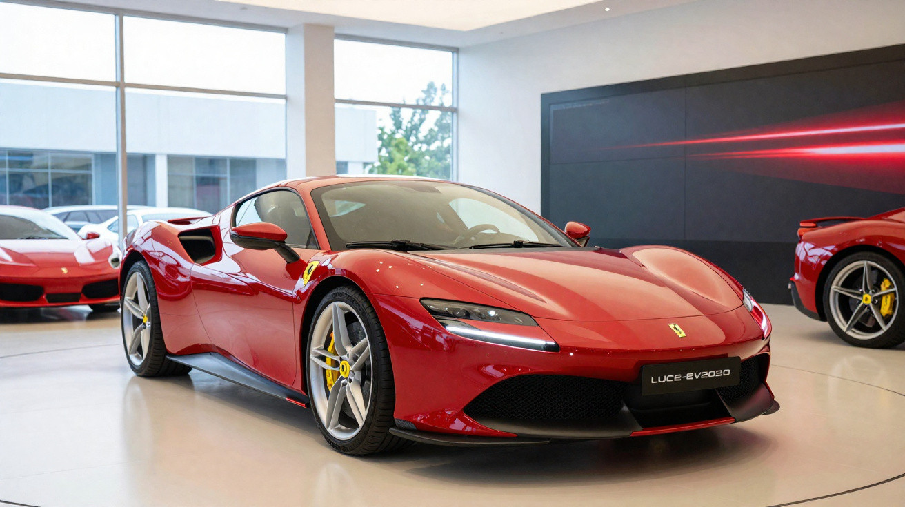 Roter Ferrari-Sportwagen im Showroom mit hellen Böden und grossen Fenstern im Hintergrund.