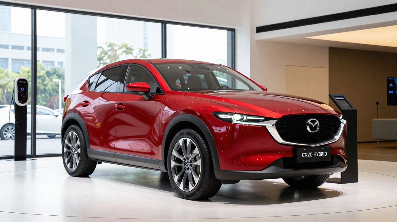 Rotes Mazda CX-20 Hybrid Fahrzeug in modernem Autohaus neben Ladestation stehend.