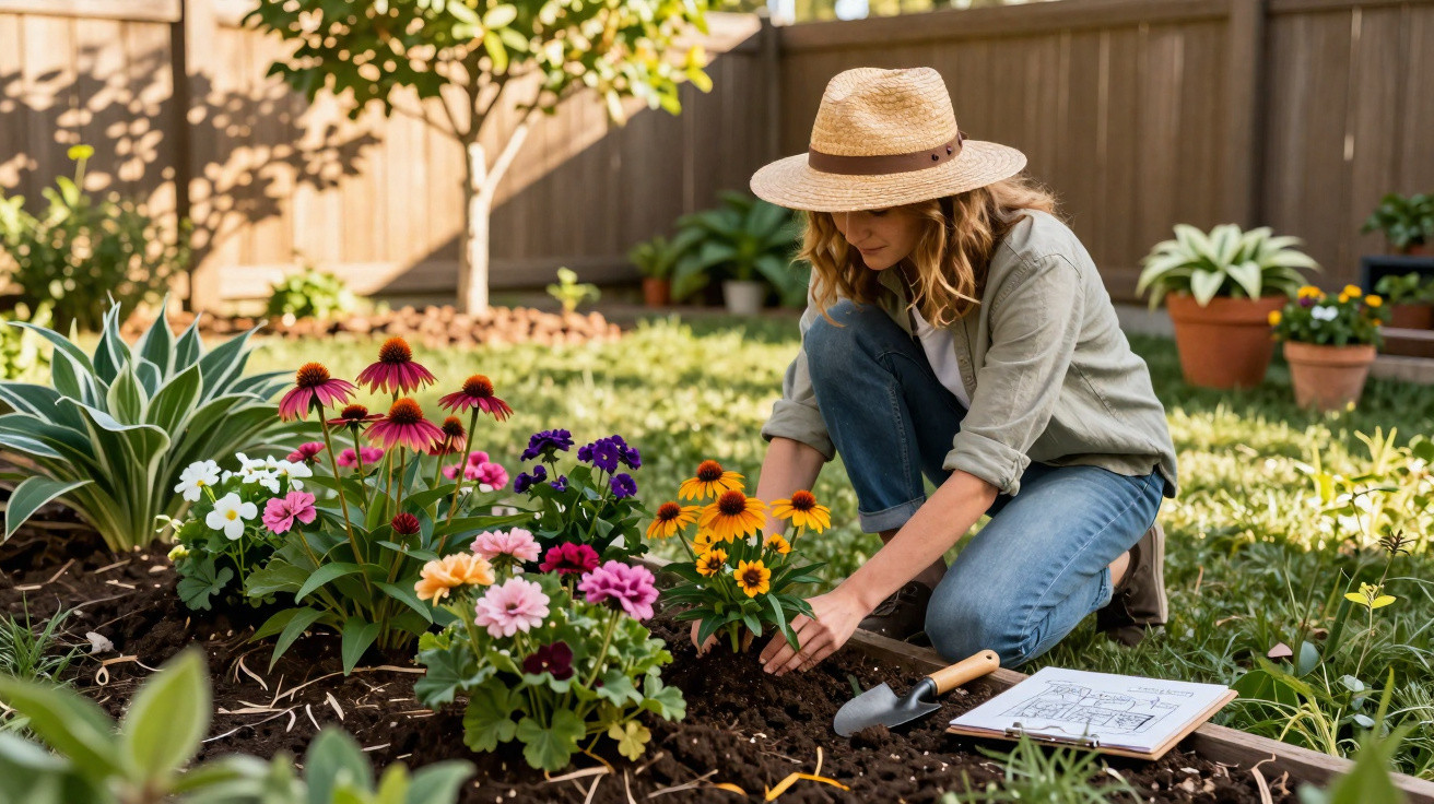 Frau mit Strohhut pflanzt bunte Blumen in einem sonnigen Gartenbeet, neben Gartenskizze und Schaufel.
