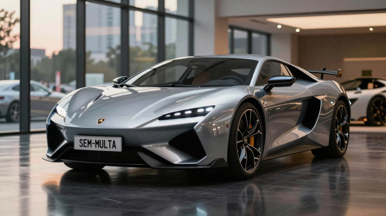 Silberner Lamborghini Supersportwagen im Showroom mit Sonnenlicht und reflektierendem Boden.